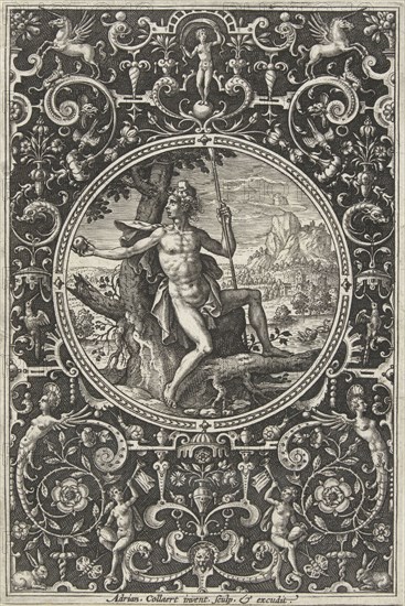 Medallion which Paris, sitting against a tree, print maker: Adriaen Collaert, 1570 - 1618