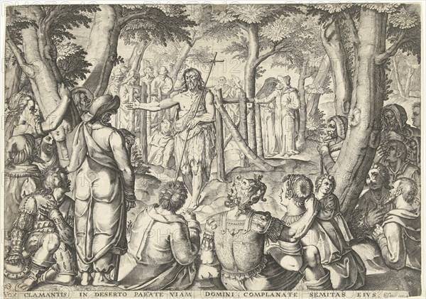 John the Baptist preaching to a group of people, print maker: Bartholomeus Willemsz. Dolendo, 1589 - 1626