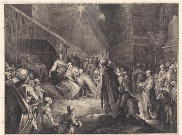 Adoration of the Kings, print maker: Jan Harmensz. Muller, Jan Harmensz. Muller, 1598