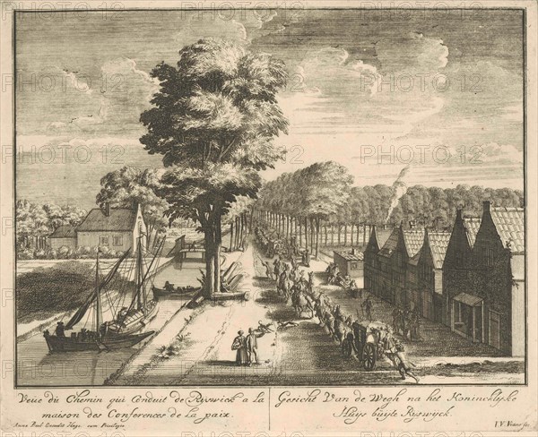 A procession of horsemen and carriages on the road to the Huis ter Nieuwburg Rijswijk, The Netherlands, print maker: Jan van Vianen (mentioned on object), Dating 1697 - 1699