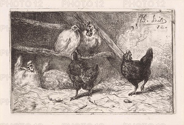 Cock and five chickens in a henhouse, two of them perching, two black chickens scratching around, print maker: Jan Gerard Smits (mentioned on object), Dating 1872