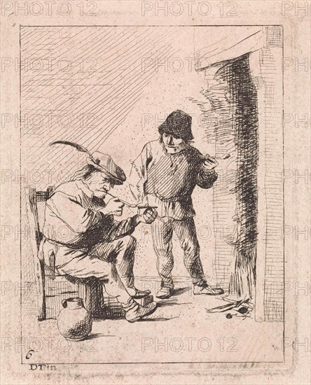 A standing and a seated peasant both smoking pipe by the fire, left a jar, David Teniers (II) (mentioned on object), Dating 1626 - 1740