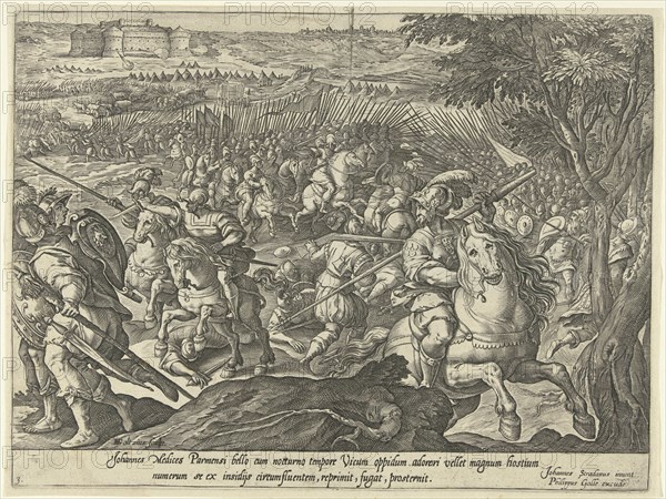 Cavalry skirmish, the siege of a fortress, series of prints by the history of Giovanni de Medici, called dalle Bande Nere, print maker: Hendrick Goltzius (mentioned on object), Dating 1576 - 1580 and/or 1583