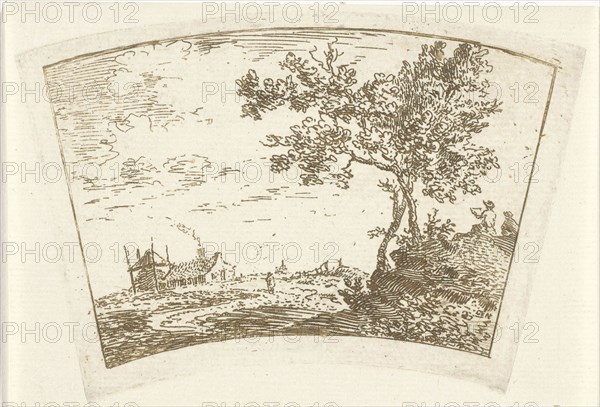 Landscape with a farm and a haystack left and right two figures on a hill, print maker: Cornelis van Noorde (mentioned on object), Dating 1741 - 1795