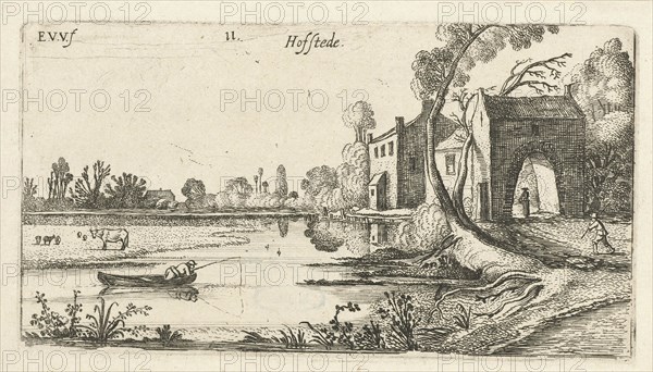 Landscape with a River and gatehouse, print maker: Esaias van de Velde, 1613 - 1617