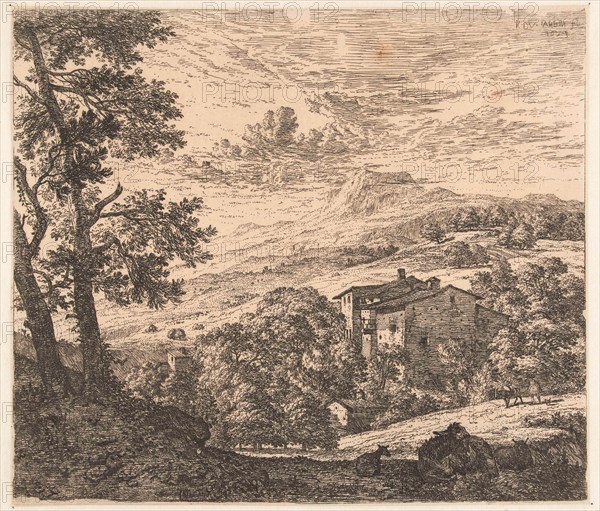Hill landscape with houses and donkey and two sheep, Karel Dujardin, 1653