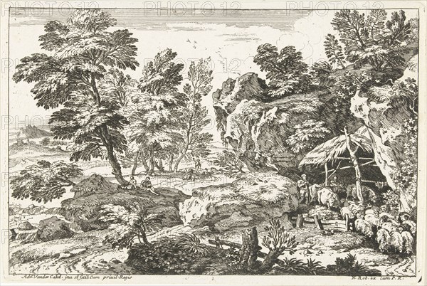 Landscape with sheepfold, print maker: Adriaen van der Kabel, N. Robert, 1648 - 1705