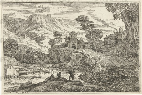 Landscape with three people at riverside, Adriaen van der Kabel, 1648-1705