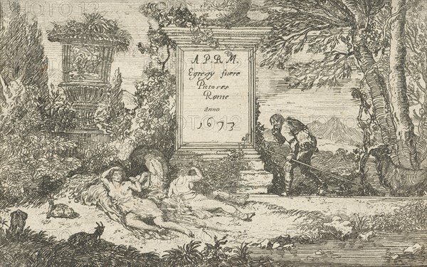 Sleeping shepherdesses, print maker: unknown, Adriaen van der Kabel, 1673