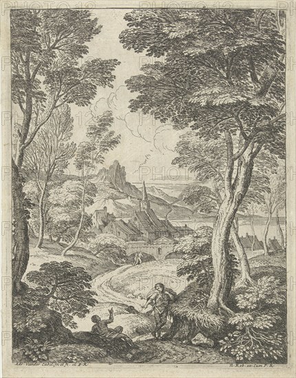 Landscape with a portrait and man talking along a winding path, in the background a city with pointed steeple, print maker: Adriaen van der Kabel (mentioned on object), Dating 1648 - 1705