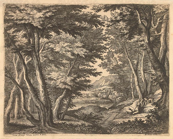 Landscape with three men in a clearing in the forest, Adriaen Frans Boudewyns, Martinus van den Enden (II), c. 1660 - c. 1674