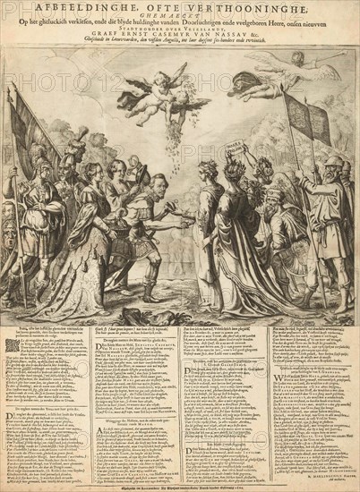 Allegory installation of Ernst Casimir, Count of Nassau, stadtholder of Friesland, August 5 1620, Count Ernst Casimir hand over his heart to the province of Friesland virgin, accompanied by True Religion and Abundance by Peace. The count is accompanied by self-sacrifice and Prudence, Minerva and Mars, print maker: Pieter Feddes van Harlingen (mentioned on object), Dating 1621