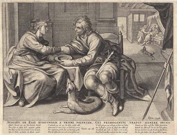 Esau sells his birthright to Jacob, Willem Isaacsz. van Swanenburg, print maker: Anonymous, Paulus Moreelse, 1609 - 1659