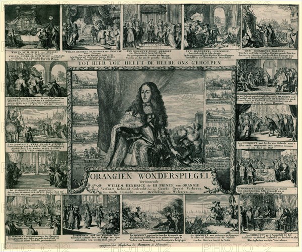 Orange Miracle Mirror, life and deeds of Prince William III, 1675, portrait of William III, Prince of Orange, around this portrait ten small representations of battles, battles and other events, print maker: Romeyn de Hooghe, Dating 1675