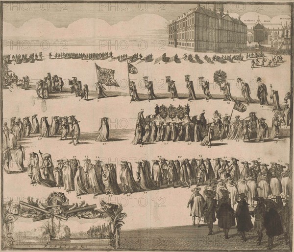 The funeral of Michael Adriaansz. de Ruyter on March 18, 1677 walk to the Dam in Amsterdam, in the background you can see the New Church, the Waag and the Royal Palace, left Front a smaller image of the frigate, print maker: Johannes Jacobsz van den Aveele (mentioned on object), Dating 1677 - 1679