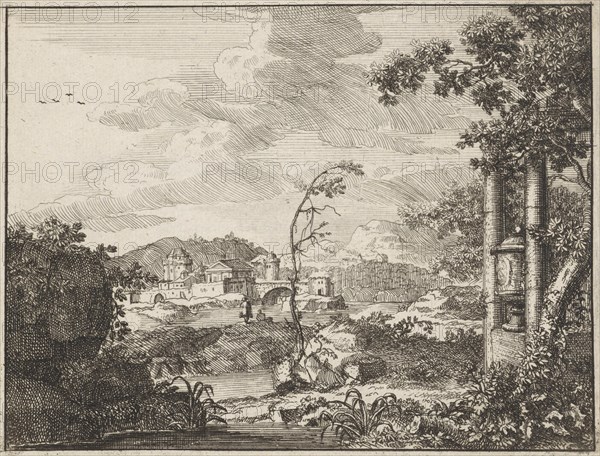 River landscape with hills and a town, Anonymous, 1701