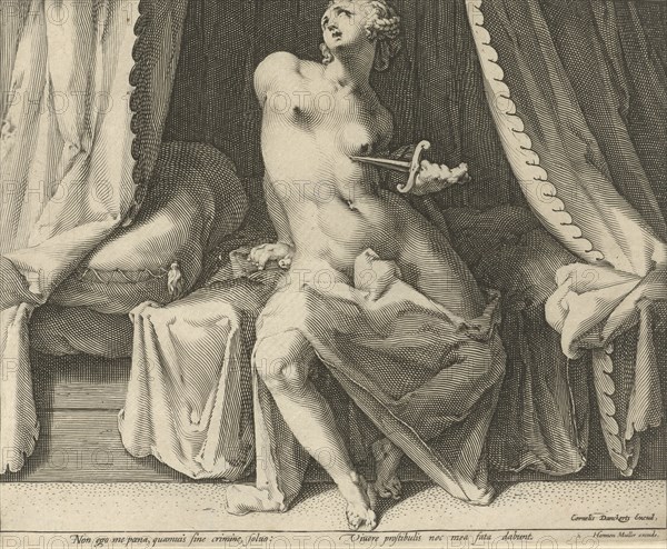 Death of Lucretia, print maker: Jan Harmensz. Muller, Cornelis Danckerts I, 1590 - 1594 and/or 1630 - 1656