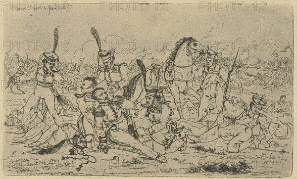 One of his horse fallen General is helped by his men, in the background is a battle going on, print maker: Gerardus Emaus de Micault (mentioned on object), Dating 1814 - 1863