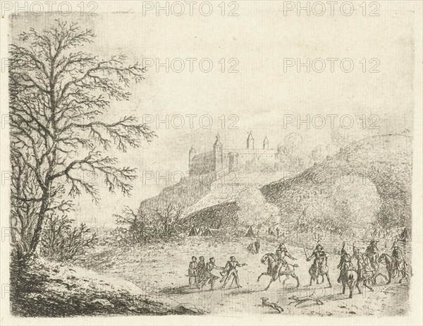Cavalrymen at a tent camp at the bottom of a hill, in the background the fortress Ehrenbreitstein, on the east bank of the Rhine opposite the town of Koblenz Germany, print maker: Gerardus Emaus de Micault, Dating 1813 - 1863