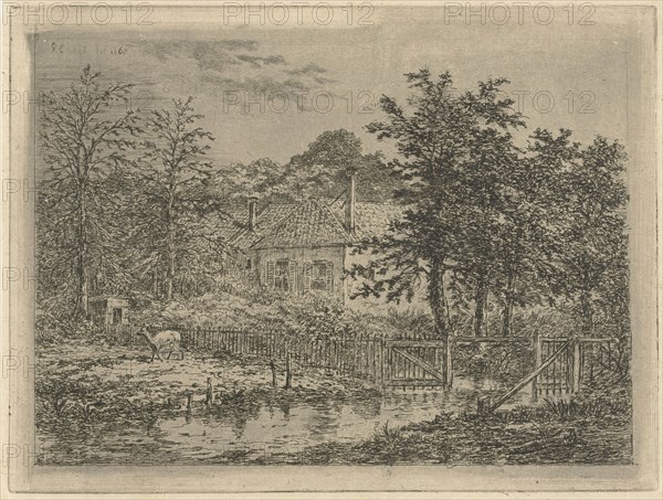 View of a house located between trees and shrubs, at the gate with a deer, print maker: Gerardus Emaus de Micault (mentioned on object), Dating 1860