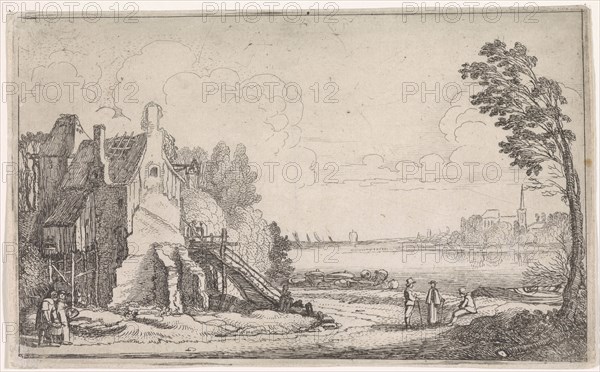 Figures on a path along a dilapidated house on a river, in the background a church, print out a series of river landscapes, print maker: Jan van de Velde (II), Dating 1603 - 1641