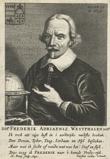 Portrait of Frederick Adriaensz. Westphalen at the age of 72, next to him a globe, in the upper left his weapon, under the portrait of a fresh four lines in Dutch by G. Brandt signed: Sursum Corda, print maker: Hendrik Bary (mentioned on object), Dating 1657 - 1707