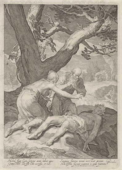 Adam and Eve mourn the death of Abel, Jan Saenredam, Isack Houwens, Theodorus Schrevelius, 1604