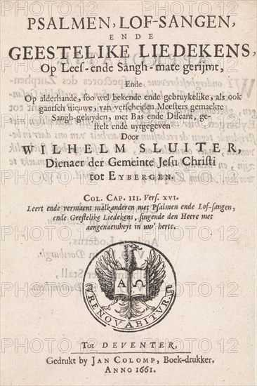 Title page for: Willem Sluiter, Psalms, Psalmen, lof-sangen, ende geestelike liedekens, 1661