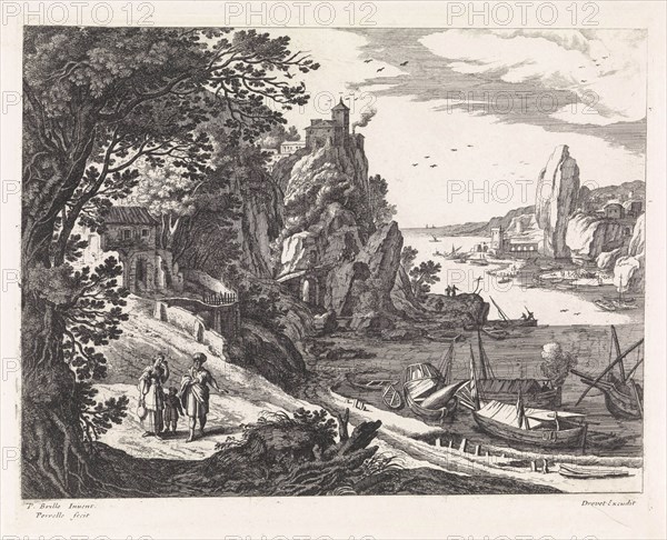 Landscape with the expulsion of Hagar and Ishmael, Perelle, Willem van Nieulandt (II), Drevet, 1594 - 1685