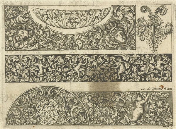 Three strips with foliate scrolls, masks and putti, Anthonie de Winter, Anonymous, 1696