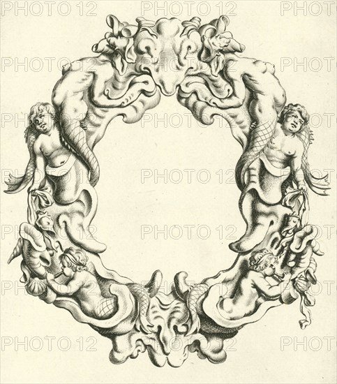 Both the lower right and left under a sea god blowing on a sea shell, print maker: Michiel Mosijn, Dating 1640 - 1655