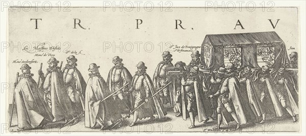 Coffin of the Prince of Orange, Messrs Andemfort, de Viery, Van der A, Jan de Bourgongne, De Froumont, Walraven, van Brederode and Jan de Merode, funeral procession of William of Orange, Delft August 3, 1584, print maker: Hendrick Goltzius, Dating 1584 and/or 1584 - 1638