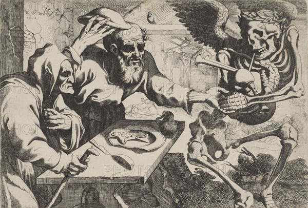 Old couple with bagpipes playing Death, print maker: Werner van den Valckert, Werner van den Valckert, Johannes de Ram, 1610 - 1612 and or 1668 - 1693