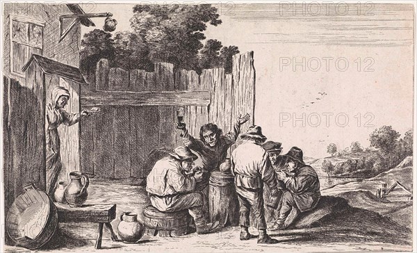 Five farmers around a barrel, David Teniers II, Anonymous, 1626 - 1740