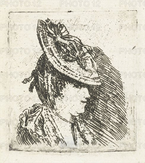 Head Study of a young woman with hat, print maker: Louis Bernard Coclers, 1756 - 1817