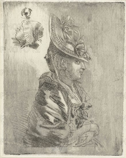 Study Sheet with the portrait of a young woman with hat and two smaller portraits, Louis Bernard Coclers, 1756-1871