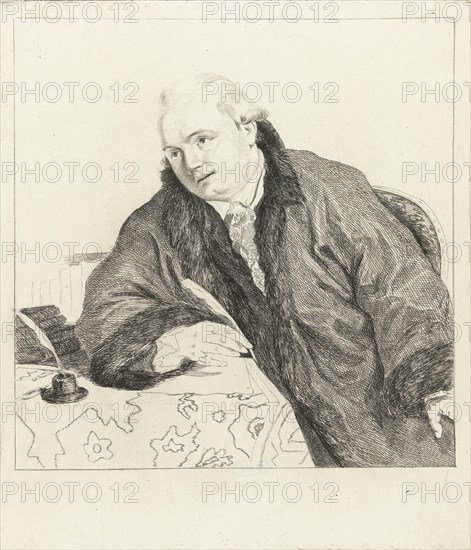 Johan Antoni Kauclitz Colizzi sitting at table with a quill in his hand, on the table a number of books, an inkwell and a sheet of paper, Colizzi wears a gown that is finished with fur, print maker: Louis Bernard Coclers, Dating c. 1777 - c. 1808