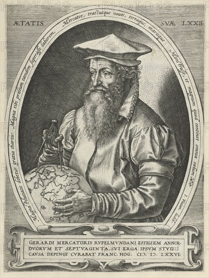 Portrait of Gerardus Mercator, print maker: Hendrick Goltzius attributed to, Frans Hogenberg, Johannes Vivianus, 1576