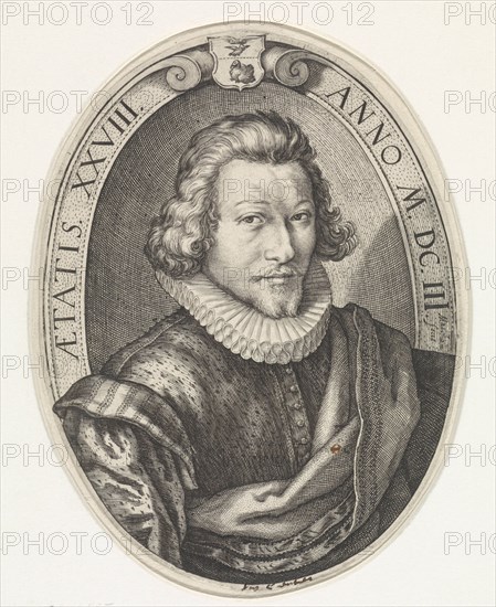 Portrait of Jan Centen Coster, the son of Vincent Jacobsz. Coster, at the age of 28, Bust right in an oval, a cloak over the left shoulder, print maker: Jacob Matham (mentioned on object), Dating 1603