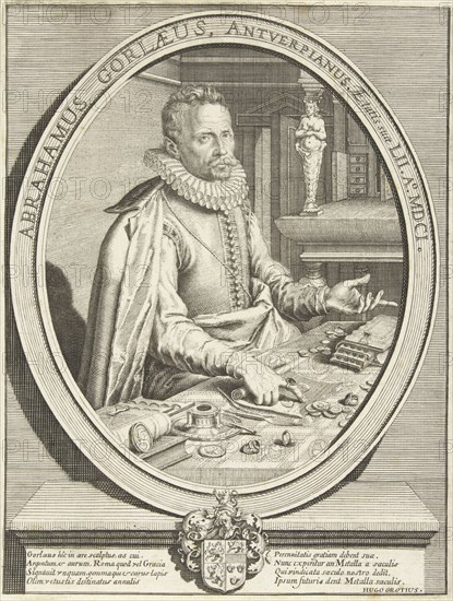 Portrait of Abraham Gorlaeus at the age of 52, print maker: Anonymous, Jacob de Gheyn II, Hugo de Groot, 1675 - 1700