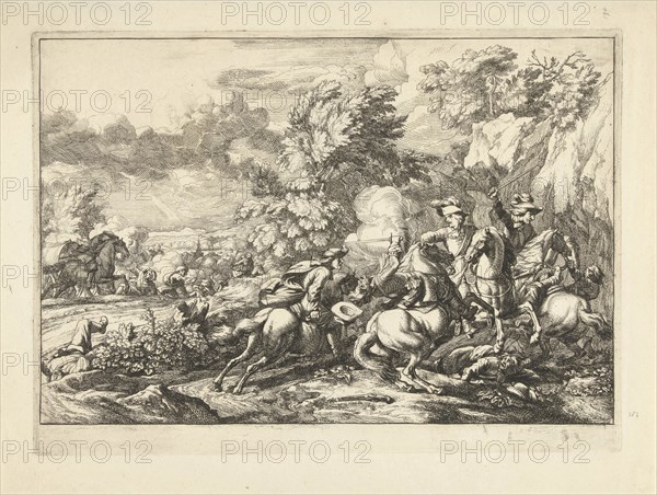 In a rocky landscape compete six horsemans, one of them has fallen to the ground, in the background, more battles, print maker: Hugo Allard (attributed to), Dating 1630 - 1684
