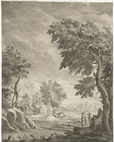 Landscape with pedestrians on the side of a road, the outline of a city, the road follows the river towards the city, print maker: Jurriaan Cootwijck, Dating 1724 - 1798