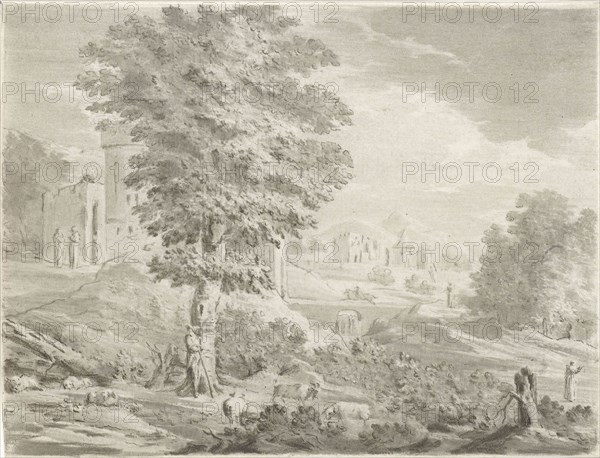 Landscape with a city in the background, a shepherd against a tree around him graze his sheep, print maker: Jurriaan Cootwijck, Dating 1724 - 1798