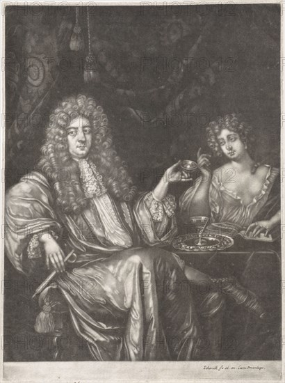 Portrait of Adriaen van Beverland with a lady of easy virtue, Pieter Schenk (I), Ary de Vois, 1670 - 1713