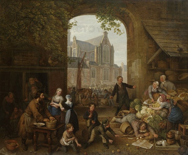 Two drunks on the market near the Westerkerk , Amsterdam The Netherlands, Peter Paul Joseph NoÃ«l, 1821