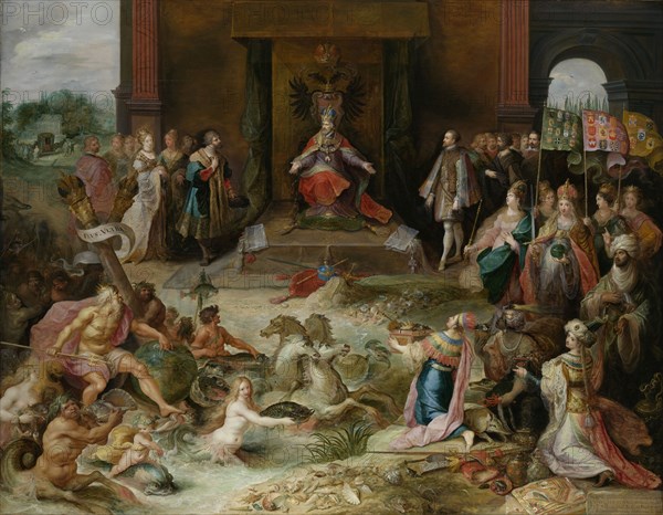 Allegory on the Abdication of Emperor Charles V in Brussels Belgium, Frans Francken (II), c. 1630 - c. 1640