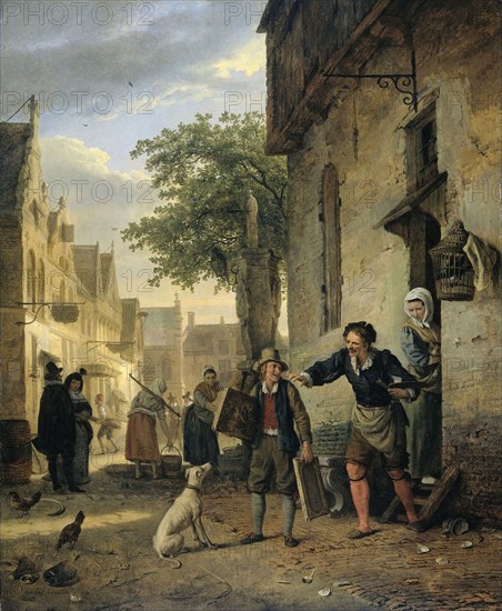 Jan Steen Sends his Son to the Streets to Exchange Paintings for Beer and Wine, Ignatius Josephus Van Regemorter, 1828