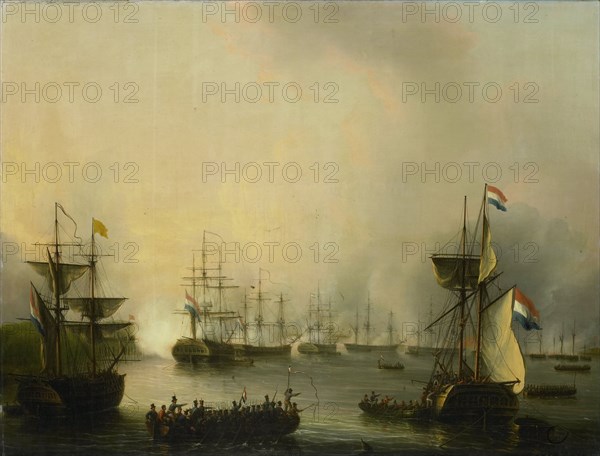 Bombardment of Palembang, Sumatra, by the Dutch Fleet, 24 June 1821, Indonesia, Martinus Schouman, 1821 - 1848