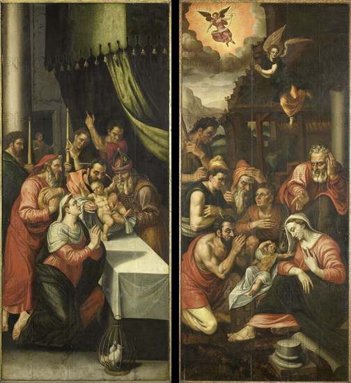 Two Altarpiece Wings with the Circumcision (left) and Adoration of the Shepherds (right). On the outside are John the Baptist with the Lamb of God and Six Kneeling Noblemen in Armor, Anonymous, c. 1570