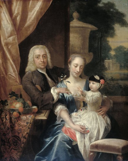 Family Portrait of Isaac Parker, his Wife Justina Johanna Ramskrammer and their young Son Willem Alexander, Philip van Dijk, 1742